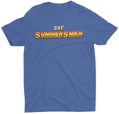 Get fresh with our SUMMER SMKN Graphic True Royal Tee.  Short Sleeve. Sideseamed. Retail fit. Unisex sizing. Shoulder taping.  100% Airlume combed and ring-spun cotton.  DRY CLEAN or HAND WASH.