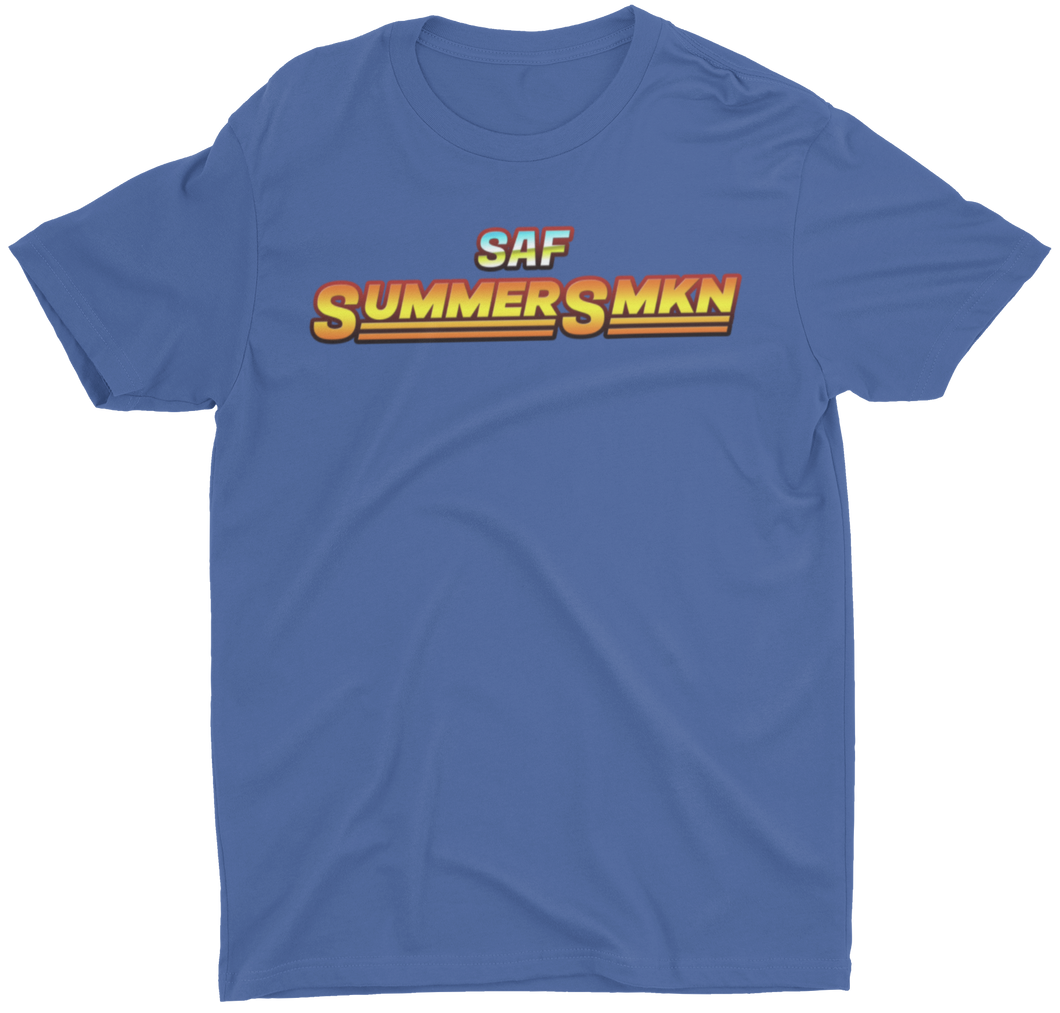 Get fresh with our SUMMER SMKN Graphic True Royal Tee.  Short Sleeve. Sideseamed. Retail fit. Unisex sizing. Shoulder taping.  100% Airlume combed and ring-spun cotton.  DRY CLEAN or HAND WASH.