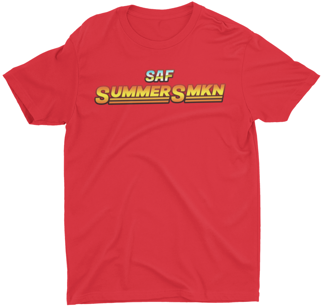 Get fresh with our SUMMER SMKN Graphic Red Tee.  Short Sleeve. Sideseamed. Retail fit. Unisex sizing. Shoulder taping.  100% Airlume combed and ring-spun cotton.  DRY CLEAN or HAND WASH.