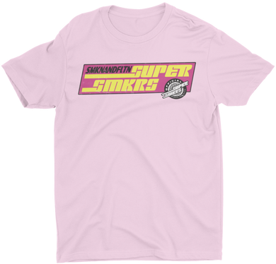 Get fresh with our SUPER SMKRS OG Graphic Pink Tee.  Short Sleeve. Sideseamed. Retail fit. Unisex sizing. Shoulder taping.  100% Airlume combed and ring-spun cotton.  DRY CLEAN or HAND WASH.